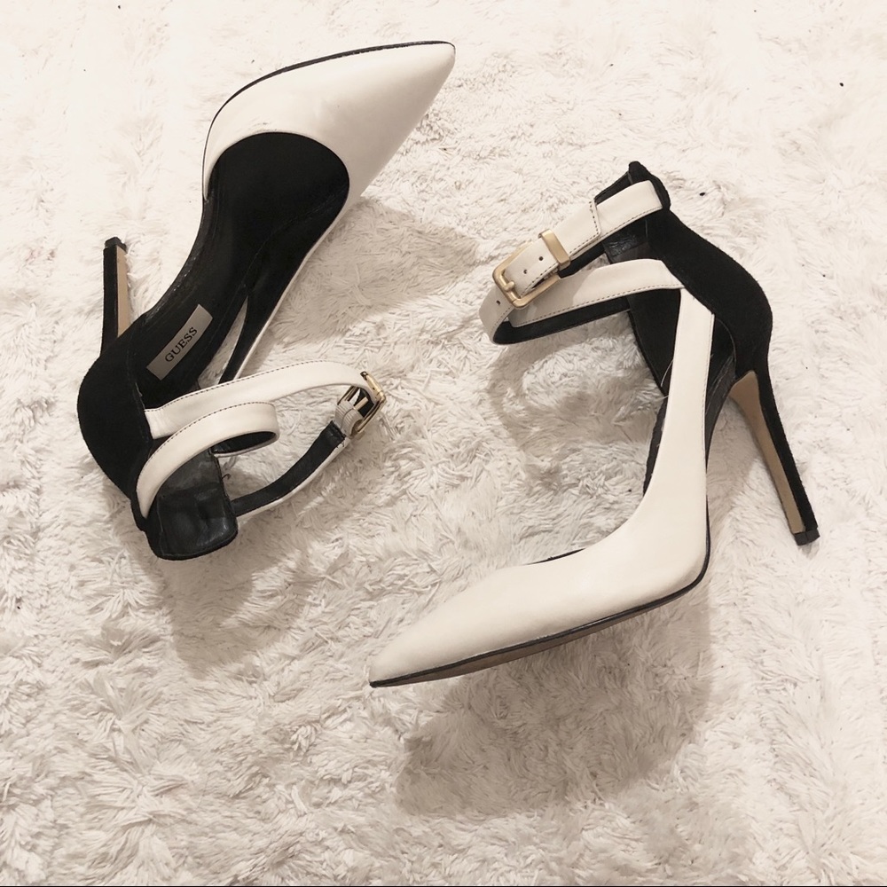 Guess black and white ankle strap pump